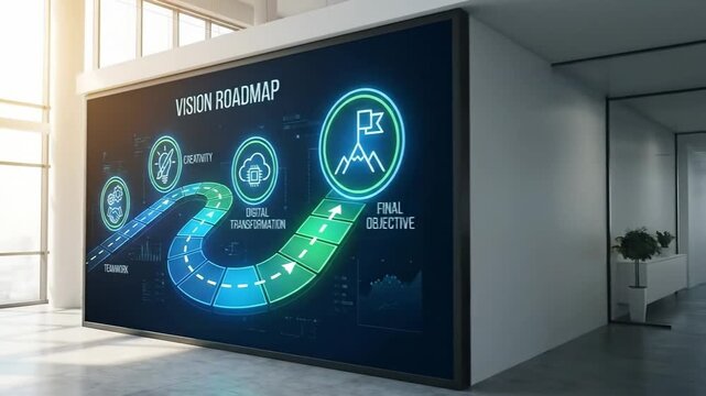 A digital vision roadmap displays teamwork, creativity, digital transformation, and the final objective on a large screen.
