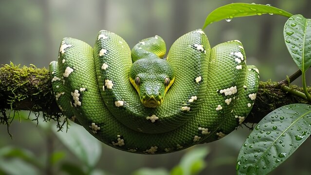 Emerald tree boa coiled on a mossy branch in a misty rainforest with water droplets on leaves