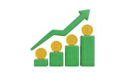 3D Bar Chart with Growing Arrow and Dollar Coins