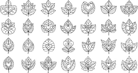 Black and White Line Art Botanical Leaves with Hearts Collection - Nature and Love Themed Decorative Graphic Design Elements