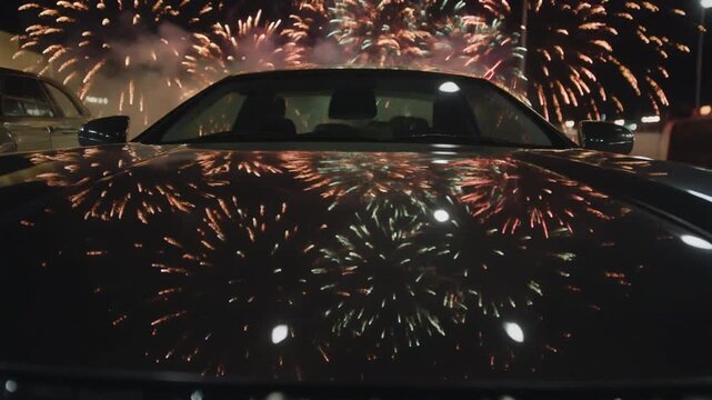 Fireworks Reflected in a Car Hood. Chinese New Year. Focusing on the highly polished hood of a parked car, which captures a sharp, miniaturized reflection of the chaotic firework action above.
