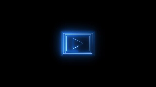 Blue neon play button icon inside double square frame on black background glowing icon video player