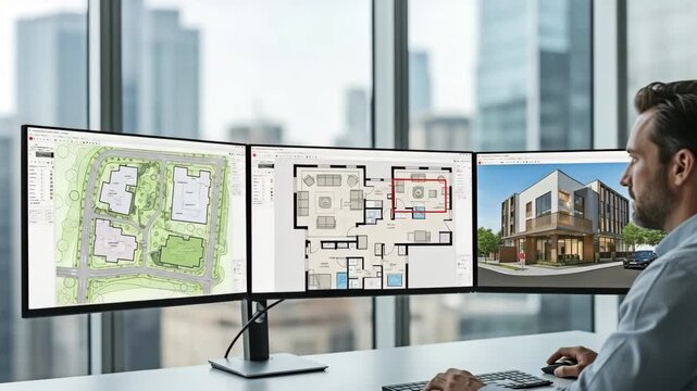 A man working on a computer with multiple monitors displaying maps, blueprints, and architectural designs in a modern office with a city view.