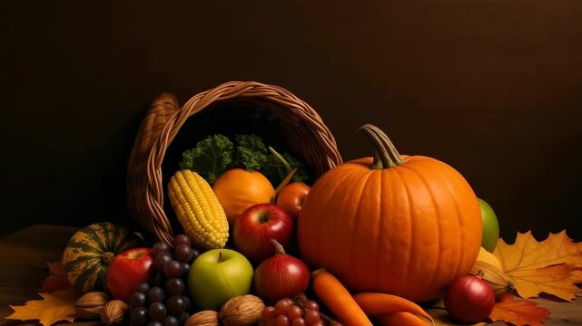 Thanksgiving Cornucopia with Pumpkin, Fruits, and Vegetables