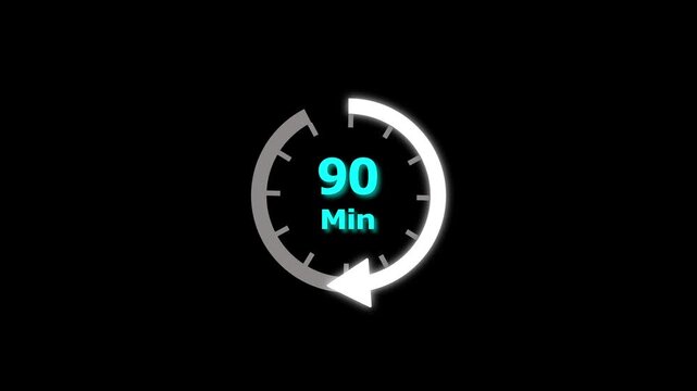 90 Min clock icon animation. 90 minute animation on black background and creating a stunning 4k video.