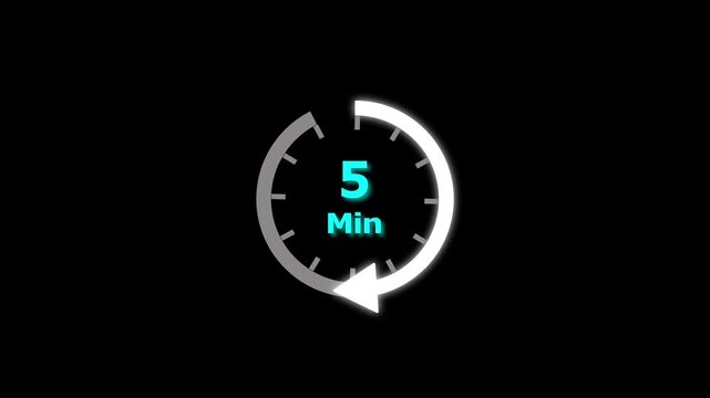 5 Min clock icon animation. 5 minute animation on black background and creating a stunning 4k video.