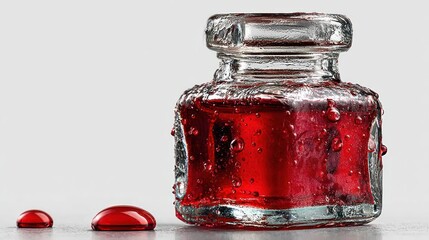 Small, clear glass bottle holding red liquid, with drops nearby