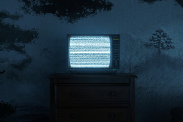 3d rendering of an old television with static noise screen in front of oil-painted mural