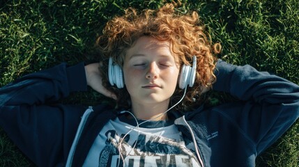 Serene Moment in Nature: A young person luxuriates in a moment of peace, sprawled on a grassy expanse while listening to music.