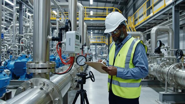 African Technical Engineer Inspecting Factory Pipeline Pressure Gauge Oil Gas