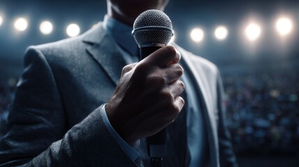 Public Speaking Maestro: A speaker commanding attention, microphone in hand, delivering a captivating speech under the bright lights of a packed auditorium. 