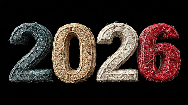 Decorative numbers representing the year 2026 made with string on black background.