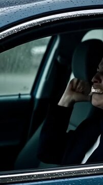 Man in deep thought inside of a car during a rainy day, with water droplets on the window. The car is blue. Fighting depression.
