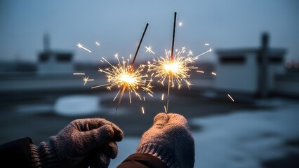 Two Hands Holding Sparklers At Night Celebration.