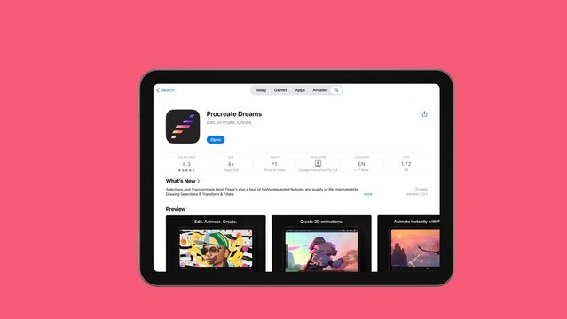 Procreate dreams animation app on ipad tablet with pink background. Tampa, Florida - December 28, 2025
