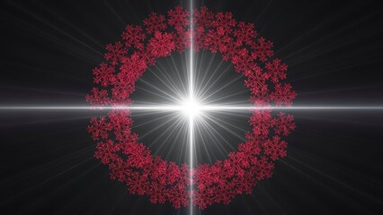 Abstract Glowing Red Floral Wreath with Bright Starburst Light.