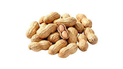A pile of raw peanuts with one shell cracked open, revealing the nuts inside