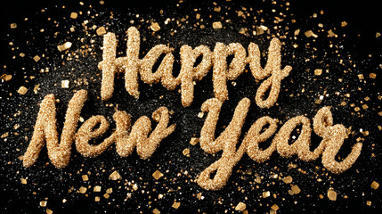 "Happy New Year" message written with sugar powder on black background.