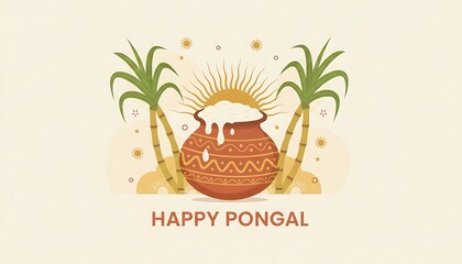 Happy Pongal greeting card featuring a traditional clay Pongal pot boiling over with milk, decorated with turmeric leaves and sugarcane.