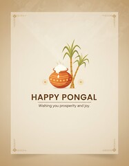 Happy Pongal greeting card featuring a traditional clay Pongal pot boiling over with milk, decorated with turmeric leaves and sugarcane.