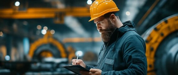 An industrial engineer examining large machinery in a manufacturing workshop while it is being maintained - Powered by Adobe