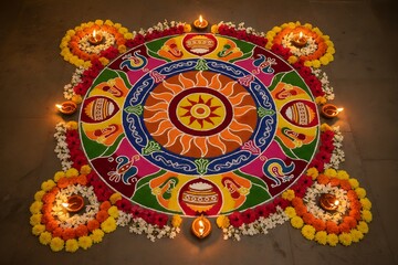 colourful Pongal kolam (rangoli) patterns with rice flour art, fresh flowers and diyas