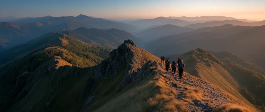Hiking in the mountains at dawn offers beautiful scenery and clean air.