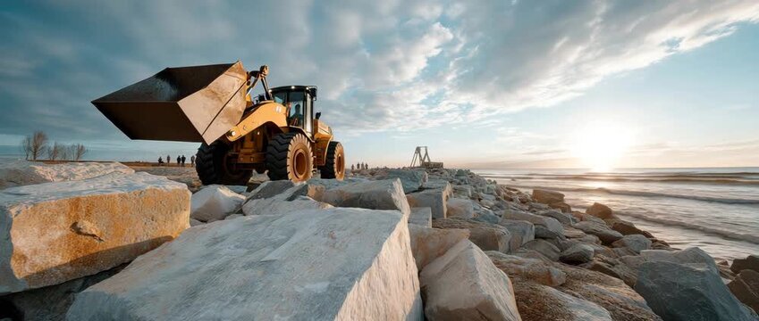 Large stone blocks are placed in a staggered arrangement by heavy machinery to form a sturdy sea wall barrier near the coast.