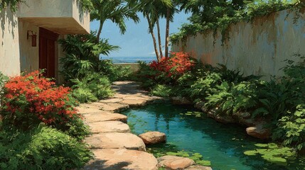 A tranquil garden path alongside a still pond. Coastal view in the distance