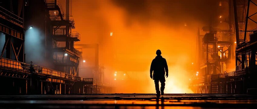A dashing male employee is silhouetted against a blast furnace.