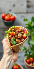 A hand offers a hearty wrap packed with seasoned meat and vibrant garden vegetables ,  restaurant,  tasty