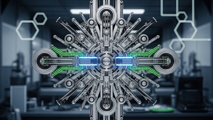 Innovative mechanical engineering concept with glowing blue and green circuit lines
