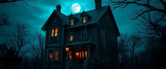 A haunted house with eerie lights and cobwebs,  architecture,  vintage