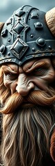 A fearsome viking face, complete with a horned helmet and a bushy beard, conveying a bold, adventurous spirit,  beard,  icon