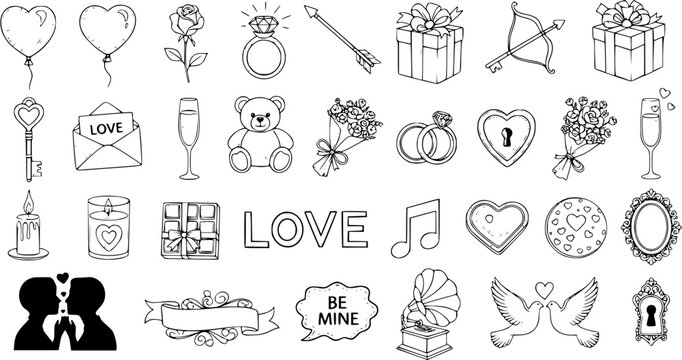 Romantic Love and Romance Valentine's Day Hand-drawn Black and White Line Art Doodles Icons Collection
