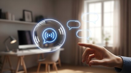 .Customer Support Chatbot. Circular AI assistant avatar bubble and chat balloons floating near a person’s hand.