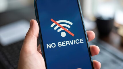 Person holding a smartphone displaying a prominent no service error message indicating connectivity loss in a modern setting.