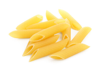 Pile of raw penne pasta isolated on white