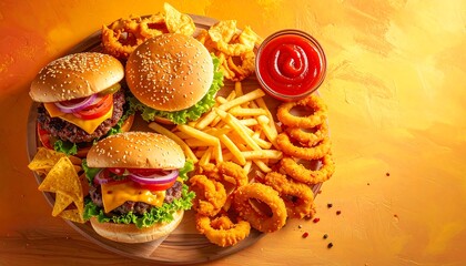 Top View of Variety of Junk Food Showing Unhealthy Eating Concept