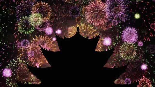 Silhouette of a Temple Roof. Chinese New Year. A traditional, ornate temple roof in the foreground, completely silhouetted against a chaotic, brightly colored cascade of fireworks in the sky.
