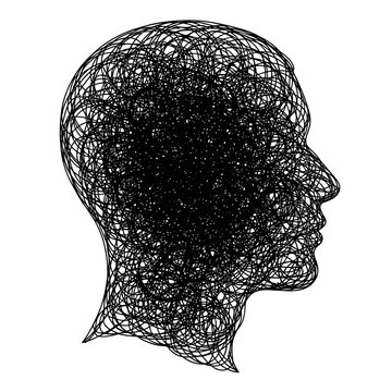 Abstract Human Head Silhouette with Tangled Lines Representing Complex Thoughts.