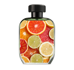 Perfume bottle design with citrus fruits against white background