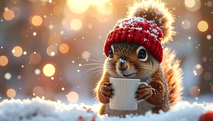 Adorable Squirrel With Hot Cocoa in Snowy Winter Forest Holiday Greeting Card