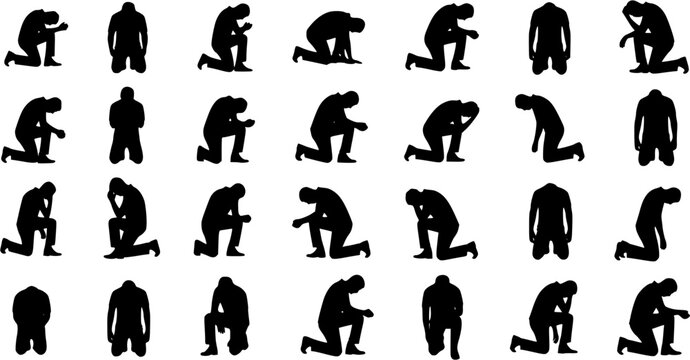 Monochromatic Vector Silhouettes Depicting Kneeling Figures in Poses of Grief, Prayer, Submission, or Protest, Illustrating Human Emotions and Social Issues