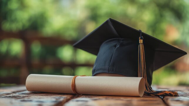 Graduation ceremony scene with diploma and mortarboard on wooden table outdoors