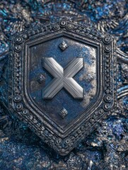 Shield Design Featuring a Central Metallic X on a Textured Dark Surface With Intricate Patterns and a Unique Color Blend