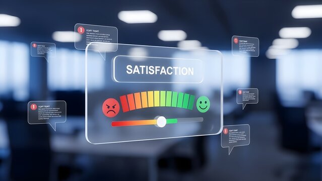 Customer Satisfaction / Sentiment. Floating &lsquo;Satisfaction&rsquo; label with emoji scale (angry to happy), NPS style meter.