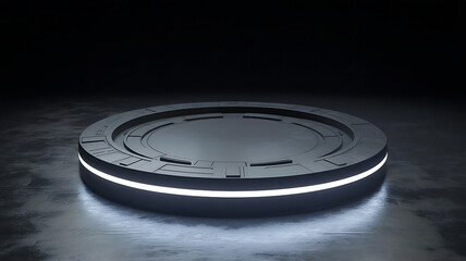 3D Rendering of sci fi mech circle shape pedestal with glowing led light and grunge dark floor. For hi tech product display, big data, computer hardware