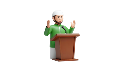 3D Cartoon Muslim Man Speaking at a Podium