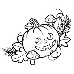 ornate jack-o-lantern with mushrooms and autumn leaves vector